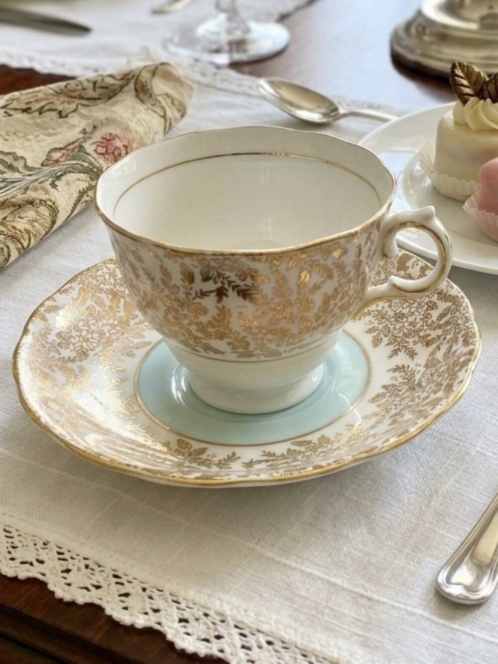 Vintage Teacup & Saucer Bone China White Gold Floral by Colclough England